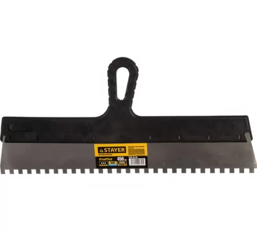 Нержавеющий зубчатый шпатель с пластмассовой ручкой, 450мм, зуб 8х8мм STAYER 1009-45-08
