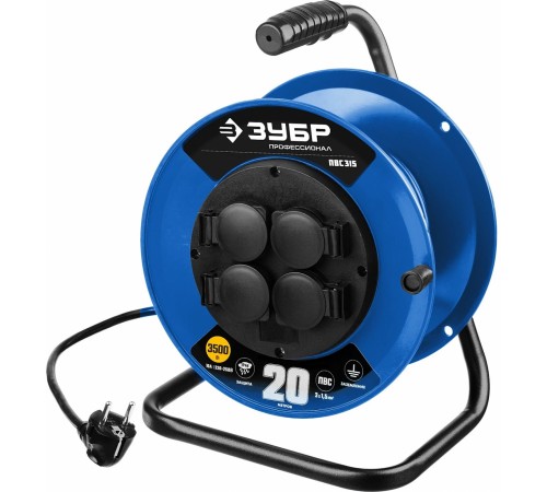 55081-20 Удлинитель на катушке ПВС 315, 20 м, 3500 Вт, 4 гнезда, IP44, ПВС 3х1,5 кв мм, ЗУБР