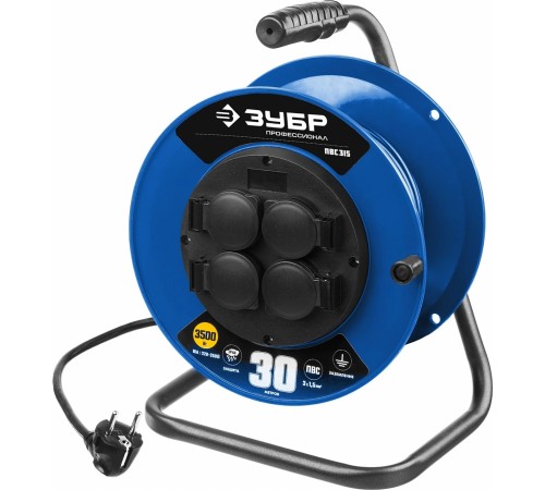 55081-30 Удлинитель на катушке ПВС 315, 30 м, 3500 Вт, 4 гнезда, IP44, ПВС 3х1,5 кв мм, ЗУБР