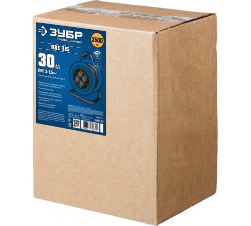 55081-30 Удлинитель на катушке ПВС 315, 30 м, 3500 Вт, 4 гнезда, IP44, ПВС 3х1,5 кв мм, ЗУБР