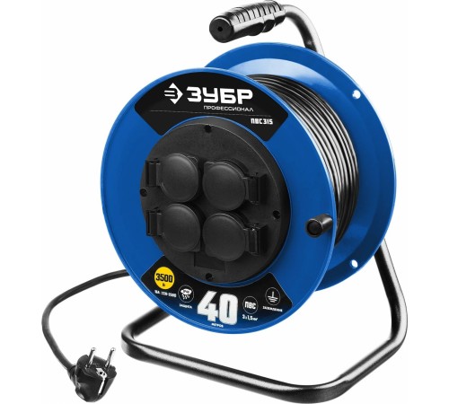55081-40 Удлинитель на катушке ПВС 315, 40 м, 3500 Вт, 4 гнезда, IP44, ПВС 3х1,5 кв мм, ЗУБР