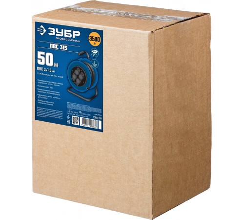 55081-50 Удлинитель на катушке ПВС 315, 50 м, 3500 Вт, 4 гнезда, IP44, ПВС 3х1,5 кв мм, ЗУБР