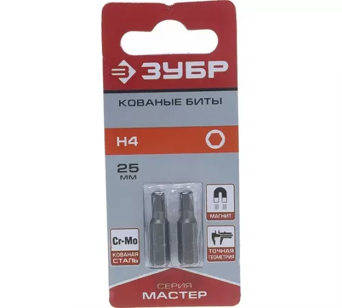 26007-4-25-2 Биты ЗУБР МАСТЕР кованые, хвостовик С1/4, HEX4, 25мм